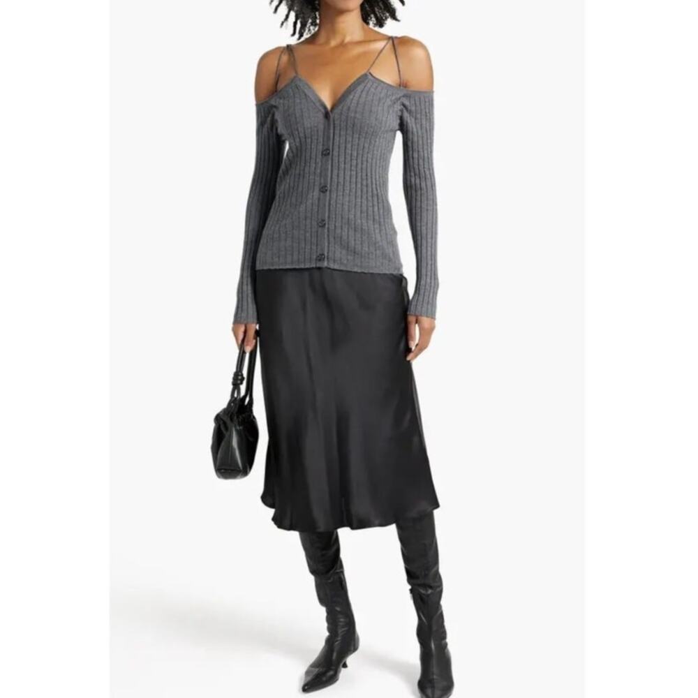 LISA YANG Clarissa Cold Shoulder Ribbed Cashmere Navy Top XS